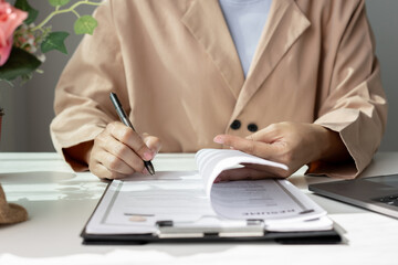 Business woman employer holding resume hiring recruit looking cv resume to hire candidates,...