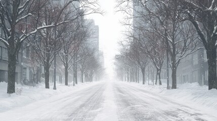 Obraz premium Snowfall on a city street with bare trees and buildings