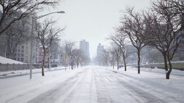 Snowy city avenue with bare trees and tall buildings in winter