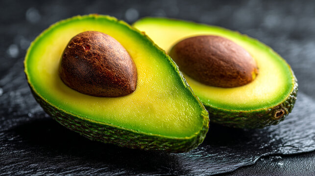 Two avocado halves with pits on a dark slate surface close up healthy food photography style image