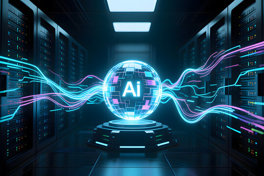 Artificial Intelligence (AI) Core Sphere in a Futuristic Server Data Center