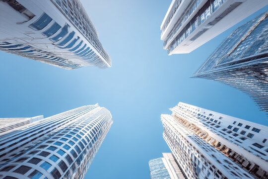 Upward view of contemporary skyscrapers against a clear sky