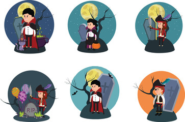 Halloween All Saints Day Vector Assets Spooky Castle Pumpkins Bats Tombs Full Moon Night Illustrations