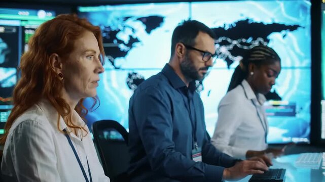 Security team monitors data at control center, world map background, for cybersecurity or intel use