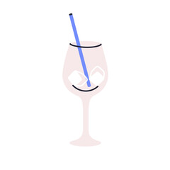 Drink glass with stem. Ice cubes and straw in wineglass, stemware for cold summer beverages, cool refreshing cocktails, tropical refreshments. Flat vector illustration isolated on white background