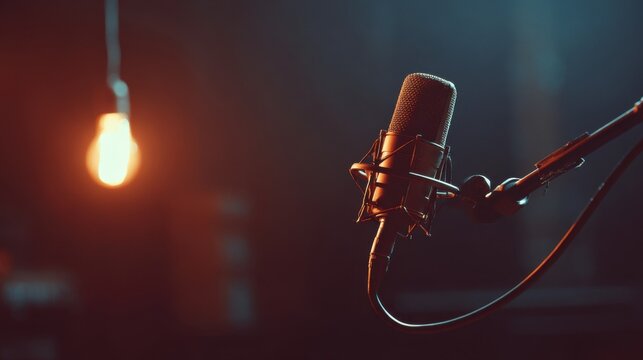 Close up view of microphone and pop filter in studio