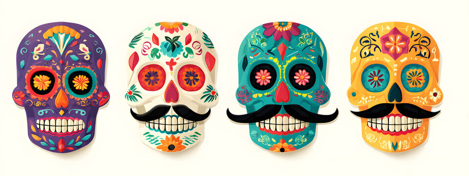 Vector set of Sugar Skulls for mexican Day of the Dead, collection of 4 cut out colorful human skulls with ethnic floral ornament for Dia de los Muertos carnival, cartoon smiling masks with mustache.