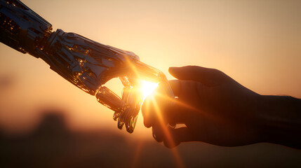 Silhouette of a human hand and a metallic robot hand touching fingers against a golden sunset, symbolizing the partnership, cooperation, and future convergence of humanity