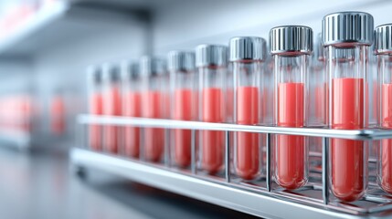 Clear evacuated tubes containing blood samples on metal shelf