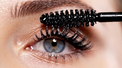 Close-up of a woman applying mascara to enhance her eyelashes, showcasing beauty routines and eye makeup - Powered by Adobe