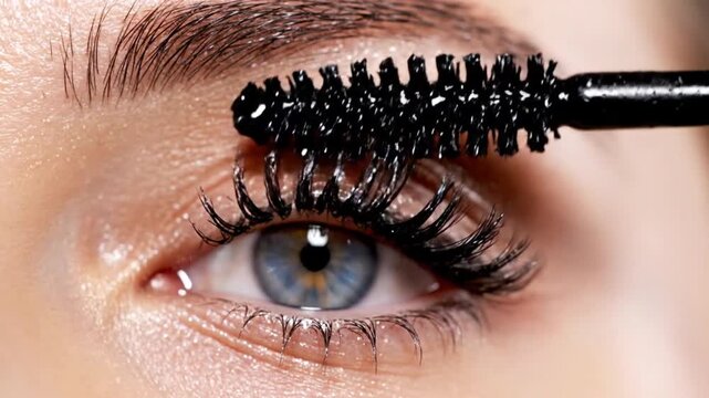 Close-up of a woman applying mascara to enhance her eyelashes, showcasing beauty routines and eye makeup