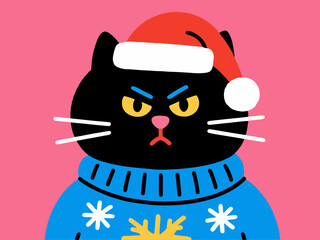 Grumpy Black Cat in Blue Ugly Sweater and Santa Hat