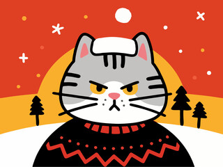 Grumpy Grey Cat in Black Sweater on Snowy Hill Sunset