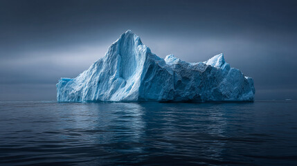 A large iceberg floating in the dark ocean under a cloudy sky with shades of blue and white colors