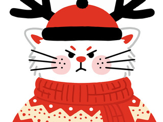 Grumpy White Cat in Reindeer Hat and Red Ugly Sweater