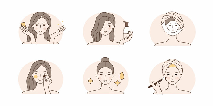 Set of six illustrations depicting a woman performing various skincare and makeup application steps