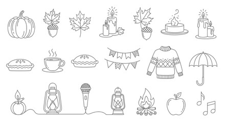 Cozy autumn fall line art icons