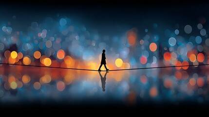 Solitary figure walking a tightrope against dreamy colorful bokeh lights symbolizing balance resilience and mindfulness conceptual silhouette for motivation posters editorials lifestyle visuals