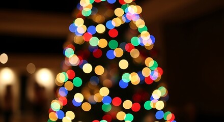 Colorful bokeh effect of Christmas tree lights, featuring red, green, blue, and warm white festive holiday decoration