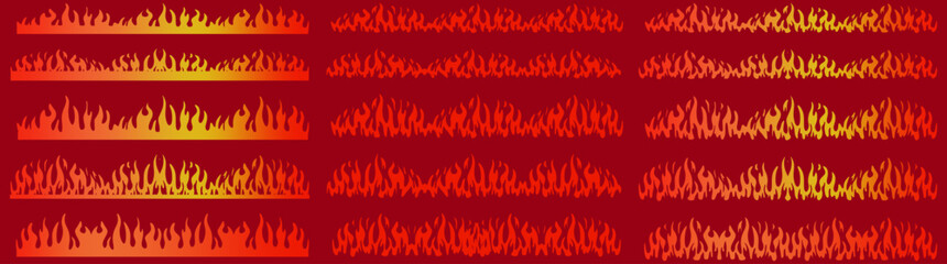 Fire border. Red flame, cartoon fire seamless borders. Blazing frame dividers, hot flaming banners. Wildfire campfire burning lines, fire trail and flammable vector set