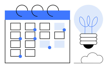Minimal calendar with marked dates and blue highlights alongside a light bulb symbolizing innovation and planning. Ideal for schedule management, productivity, goals, time tracking, ideas, project