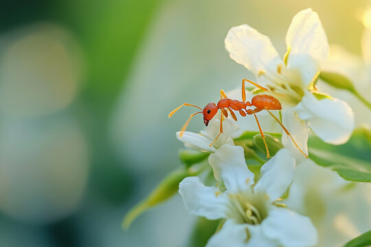red ant sipping nectar from delicate white jasmine blossom - Powered by Adobe