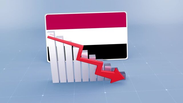 Yemen Flag and Bar Chart Graph Showing Decreasing Values a Red Arrow Economic Crisis Concept