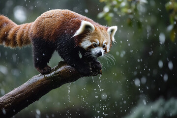 red panda shaking water off its fluffy fur while climbing rainy tree branch