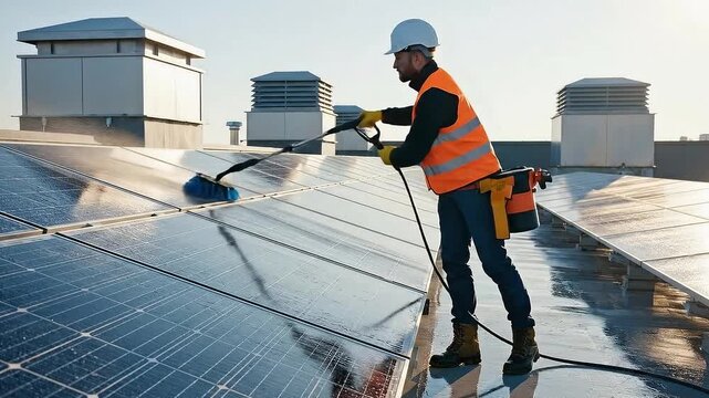 Solar Panel Maintenance Technician in Protective Gear Cleans Panels on Rooftop with Long Brush Under Bright Sun High Angle Shot Reflective Wet Surface and Rooftop HVAC System Behind.