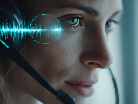 Close-up of a woman wearing a headset, with a blue holographic sound wave graph overlaid, symbolizing a call center/customer support agent, AI voice analysis, real-time communication