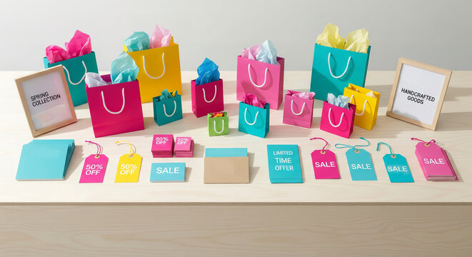 Colorful shopping bags and sale tags on wooden counter in modern pop-up retail store, clean minimalist layout, photorealistic lighting, no people, Black Friday shopping concept.
