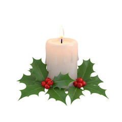 Warm candle glows with festive holly berries and leaves