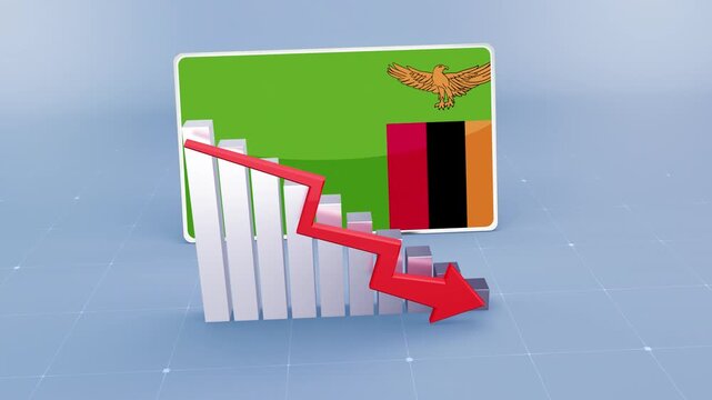 Zambia Flag and Bar Chart Graph Showing Decreasing Values a Red Arrow Economic Crisis Concept