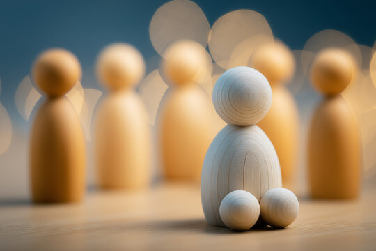 Calm wooden figure sitting in thoughtful pose near blurred group, representing empathy, support, and kindness for mental health awareness 