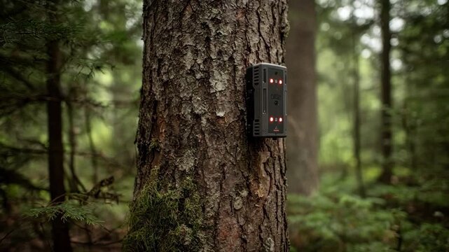 Medium shot of a sensorbased tree growth monitor attached to a tree trunk capturing realtime data on growth rates with LED indicators glowing softly.