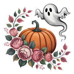 Spooky Ghost and Roses with Pumpkin Halloween Illustration