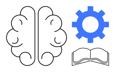 Brain outline with mechanical gear and open book highlighting themes of learning, education, innovation, creativity, problem-solving, cognition, and intellectual processes. Perfect simple flat