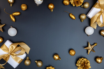 Merry Christmas and Happy New Year greeting card, frame, and banner. Holidays design. Noel and...