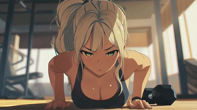 Anime Woman in Sports Bra Doing Push Up Exercise at Gym in Morning for Health