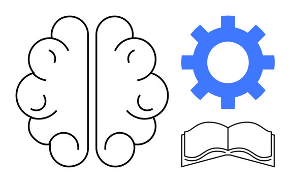 Brain outline with mechanical gear and open book highlighting themes of learning, education, innovation, creativity, problem-solving, cognition, and intellectual processes. Perfect simple flat