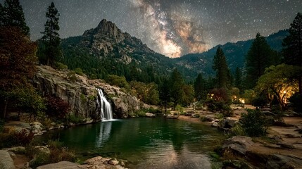 A waterfall landscape under the Milky Way, showcasing nature's drama, tranquility, and scenic beauty.