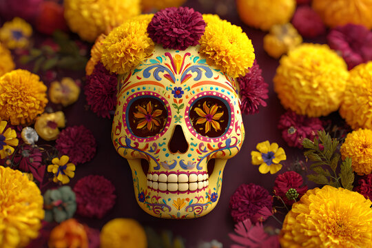 Hispanic heritage sugar skull marigold Festive dia de los muertos background 3d render digital illustration