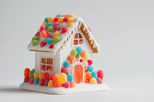 Colorful gingerbread house with gumdrops and peppermint roof, white background 