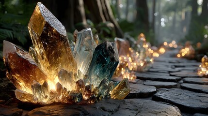 Crystals in a forest, highlighting nature's wonder, artistry, and ethereal atmosphere.