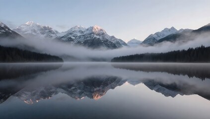 A mountain lake landscape with perfect reflections, emphasizing nature's tranquility and scenic beauty.
