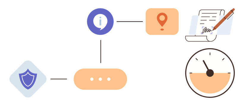 Shield, information bubble, location pin, document with pen, and speedometer connected by lines. Ideal for workflow management, data processing, security, navigation documentation progress