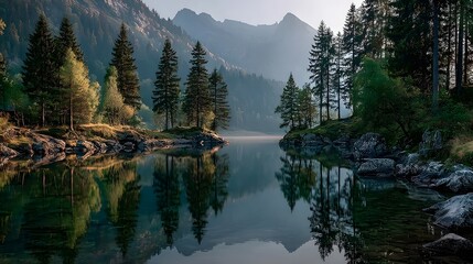 A mountain lake landscape with perfect reflections, emphasizing nature's tranquility and scenic beauty.