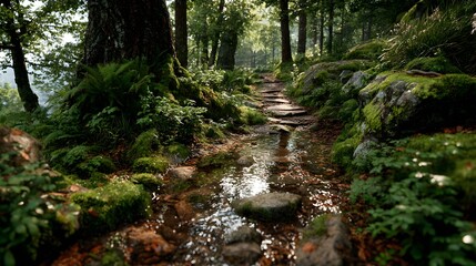 A forest path with moss and water, highlighting nature's tranquility, growth, and scenic detail.