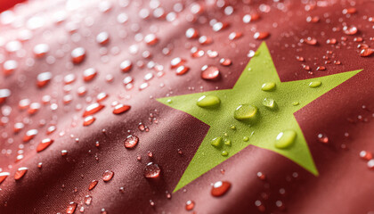 Stunning close up of Vietnamese flag with water droplets glistening on the surface, showcasing resilience and national pride in vivid detail