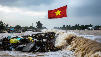 Vietnam endures devastating flooding as flag waves amidst debris and powerful waves showing climate change impact on coastal communities today